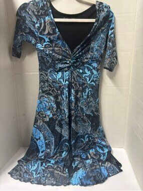 Blue & Black Abstract Print V-Neck Dress